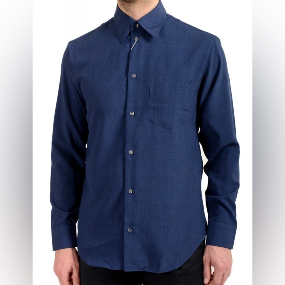 Armani Collezioni Men's Large Navy Blue Button Front Long Sleeve Shirt : BJ